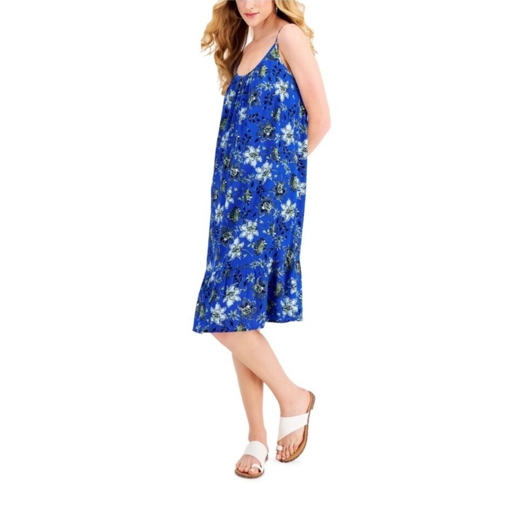 style&co spaghetti strap deep cobalt blue floral ruffle crinkle sun dress PL